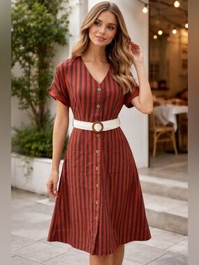 Blu Pepper Striped Midi Dress Small Cotton Button Front Belted Pockets